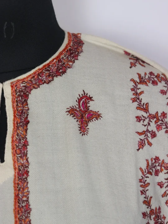 Areefa Kashmiri Pheran Cream Raffal Wool Hand Sozni Paper Mache Side Jaal Work | White - Image 3