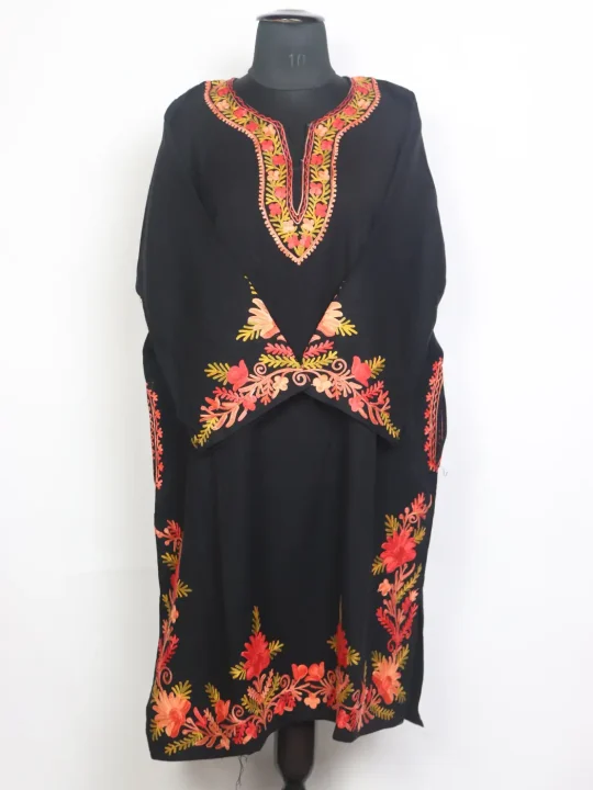 Areeha Kashmiri Cashmilon Wool Aari Embroidery Pheran Black