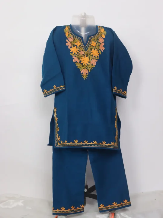 Areeqa Blue Kashmiri Girls 2pc Pheran Set With Aari Work In Cashmilon Wool (3 to 4Y)