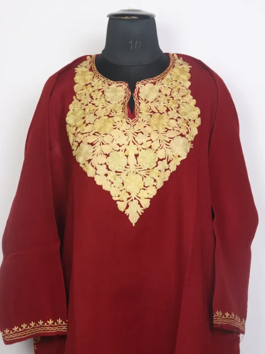 Arshi Maroon Kashmiri Pheran with Aari Work in Raffal Wool - Image 2