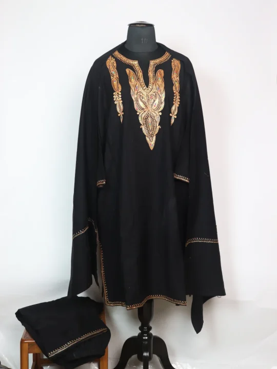 Aseela Kashmiri Pheran In Cashmilon Wool With Botte Tilla Embroidery | Black | 3 Piece Set