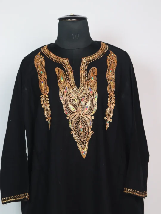 Aseela Kashmiri Pheran In Cashmilon Wool With Botte Tilla Embroidery | Black | 3 Piece Set - Image 2