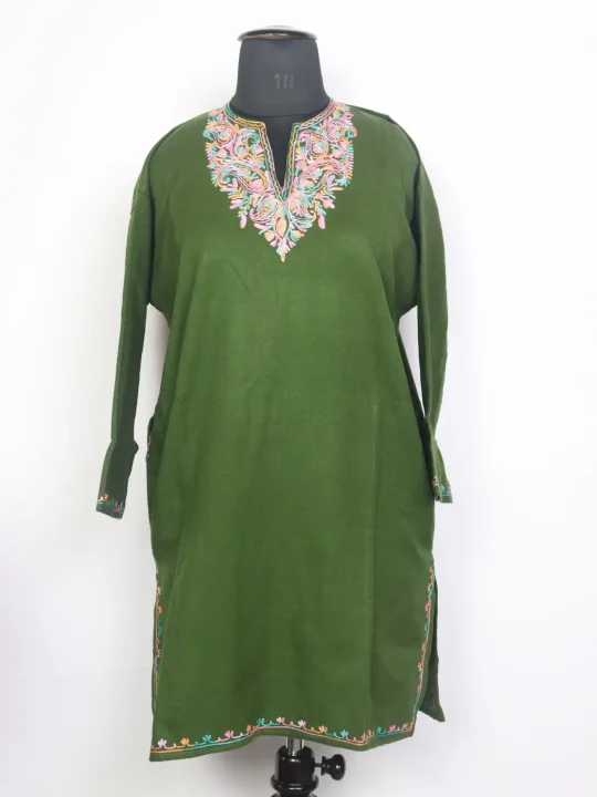 Asma Kashmiri Girls Pheran in Green Cashmilon Wool with Aari Work(12 to 13Y)