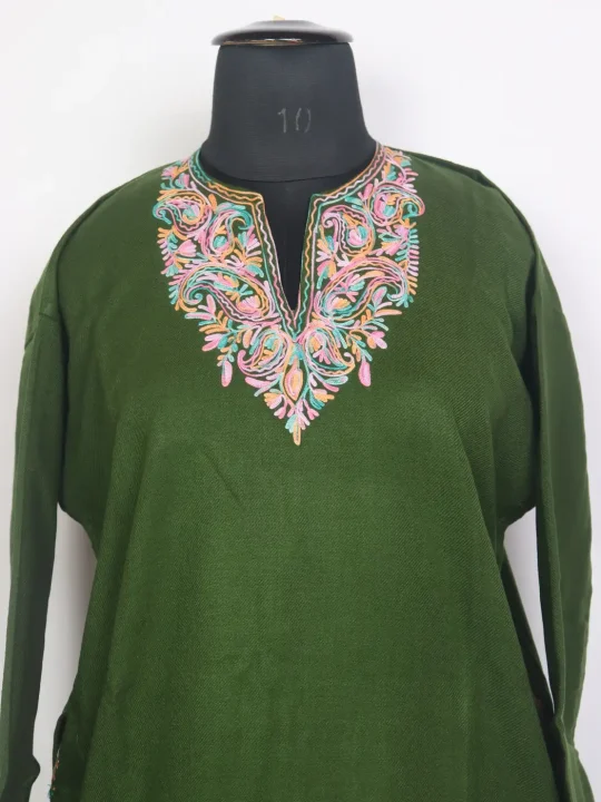 Asma Kashmiri Girls Pheran in Green Cashmilon Wool with Aari Work(12 to 13Y) - Image 2