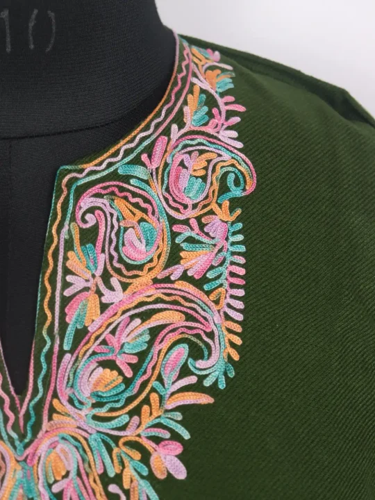 Asma Kashmiri Girls Pheran in Green Cashmilon Wool with Aari Work(12 to 13Y) - Image 3