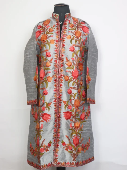 Kashmiri Aari Embroidered Long Silk Hafsa Coat