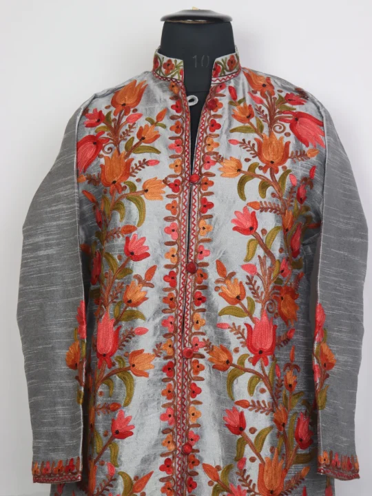 Kashmiri Aari Embroidered Long Silk Hafsa Coat - Image 2