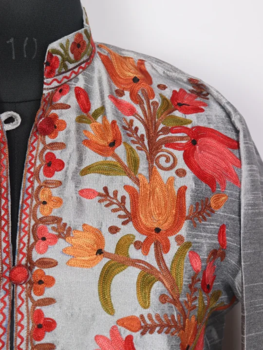 Kashmiri Aari Embroidered Long Silk Hafsa Coat - Image 3