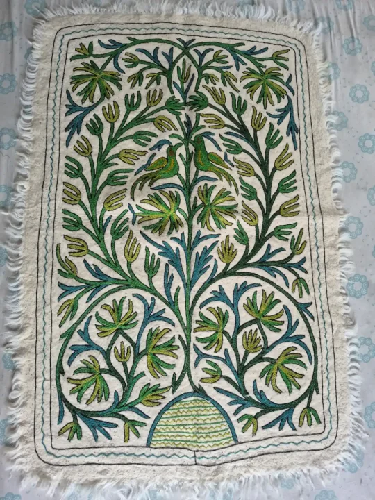 Gul Lata Kashmiri Wool Embroidered Green Blue Namda Rug 6×4 Feet