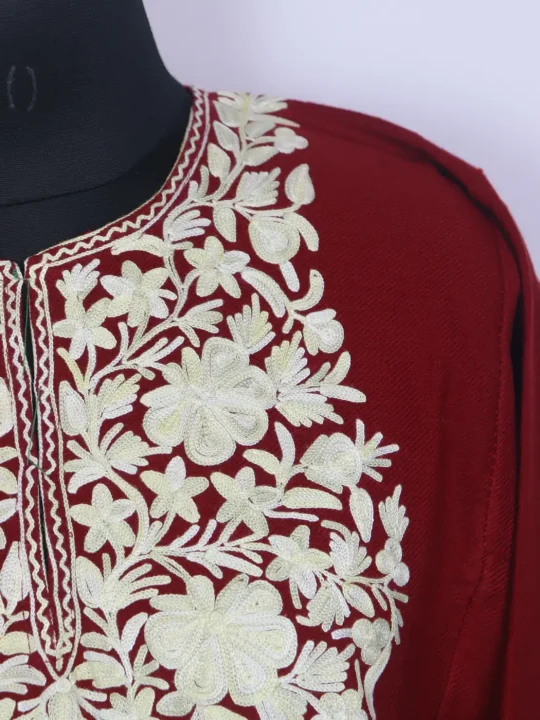 Banafsha Kashmiri Aari Embroidered Maroon Cashmilon Pheran - Image 3