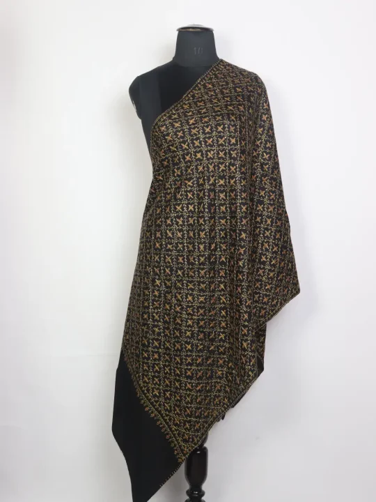 Banafsha Kashmiri Hand Sozni Embroidered Black Stole in Toosha Wool