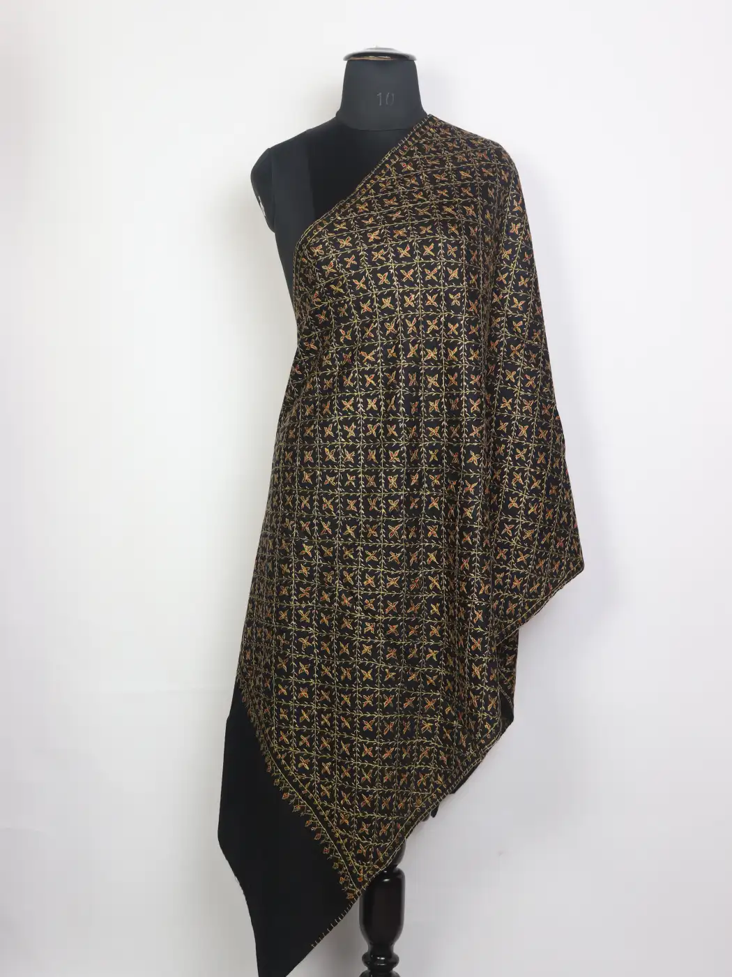 Banafsha Kashmiri Hand Sozni Embroidered Black Stole in Toosha Wool