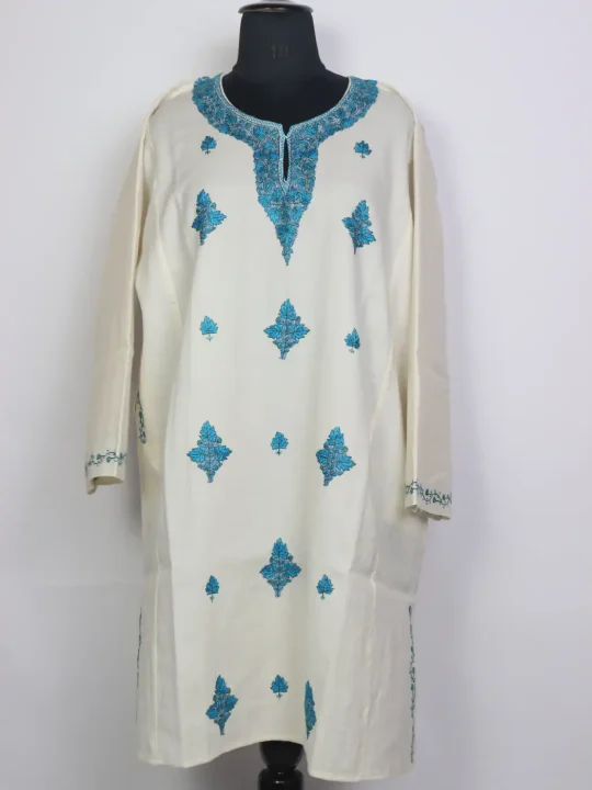 Baseera White Kashmiri Pheran with Hand Sozni Boothi Work in Raffal Wool