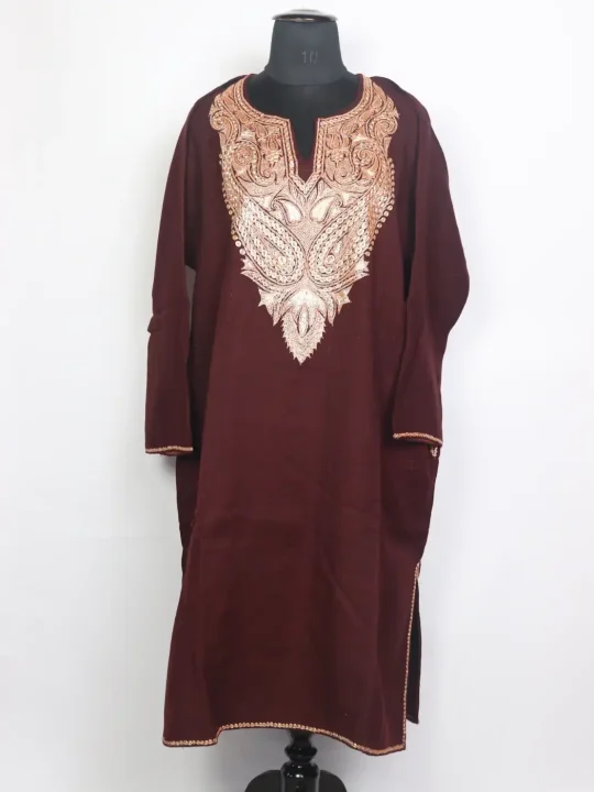 Bisma Kashmiri Raffal Wool Botte Tilla Work Pheran Maroon
