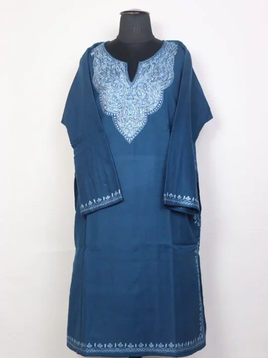 Shajar Blue Kashmiri Pheran with Hand Aari Embroidery in Raffal Wool