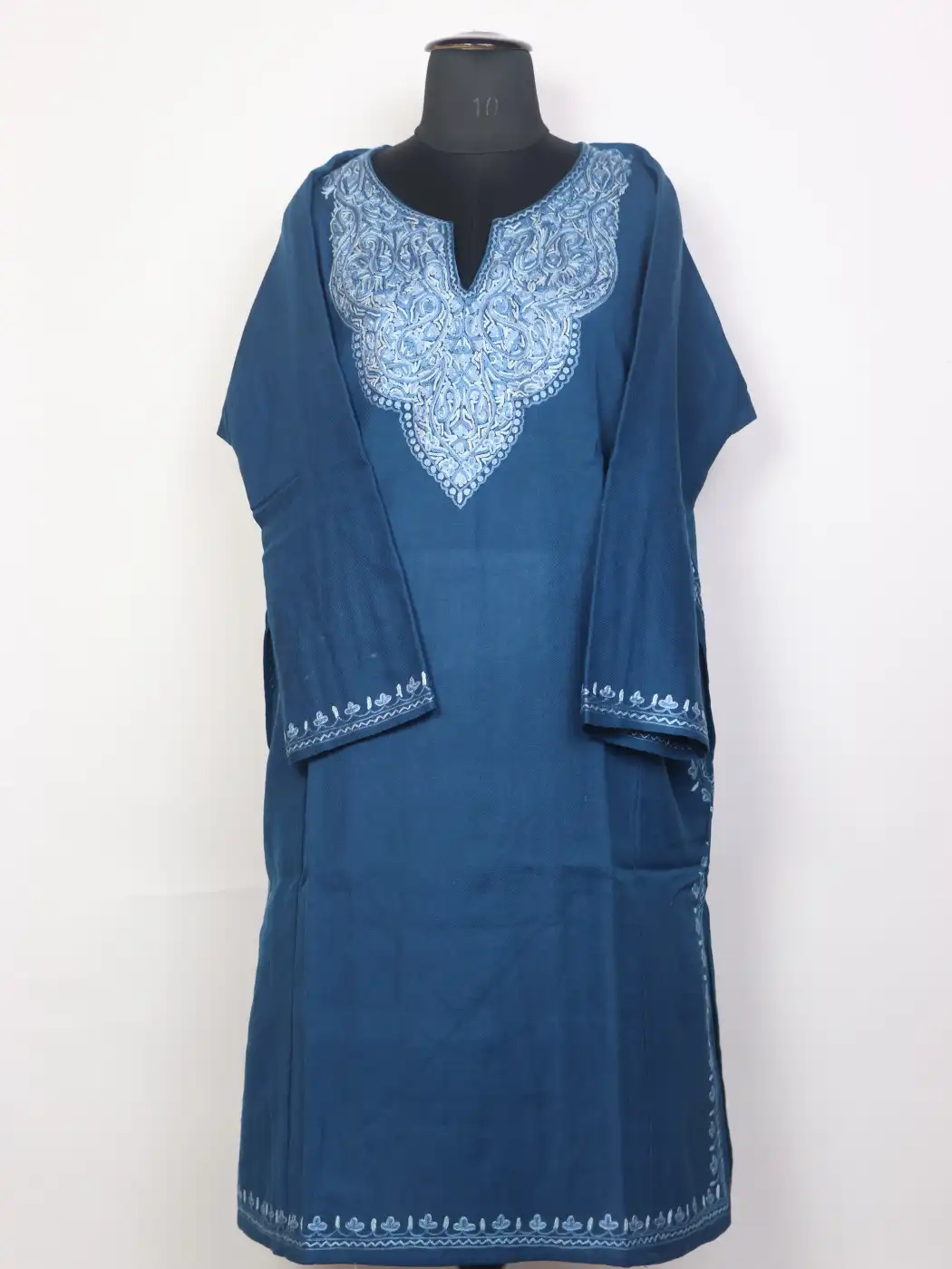 Shajar Blue Kashmiri Pheran with Hand Aari Embroidery in Raffal Wool