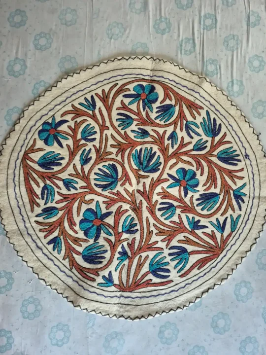 Blue Blossom Garden Kashmiri Wool Namda Rug with Rust Vine Motifs – 4x4 Feet