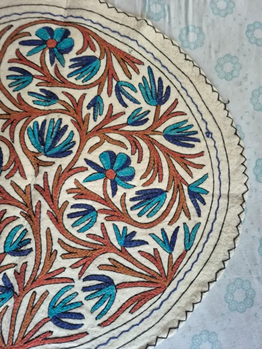 Blue Blossom Garden Kashmiri Wool Namda Rug with Rust Vine Motifs – 4x4 Feet - Image 2