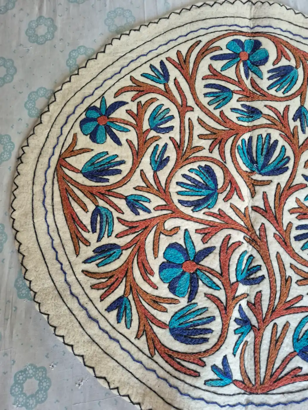 Blue Blossom Garden Kashmiri Wool Namda Rug with Rust Vine Motifs – 4x4 Feet - Image 3