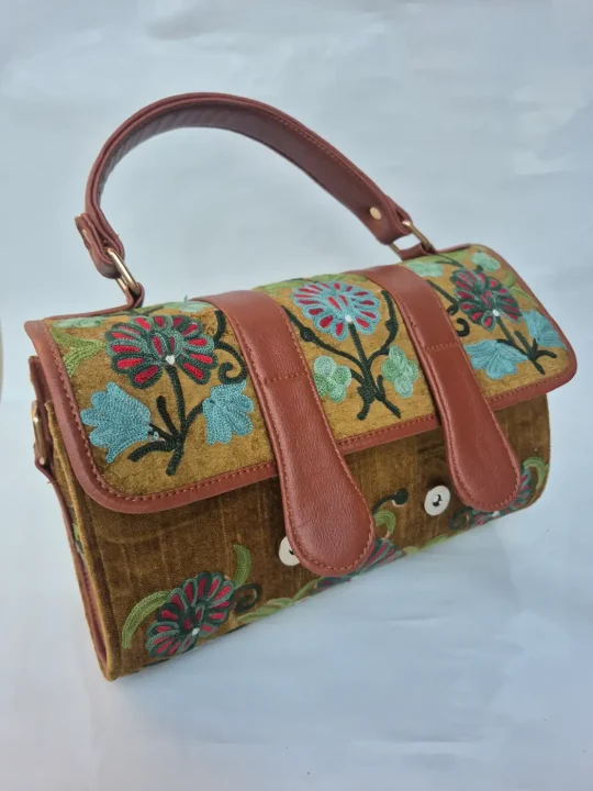 Bushra Kashmiri Brown Dholki Bag with Aari Embroidery