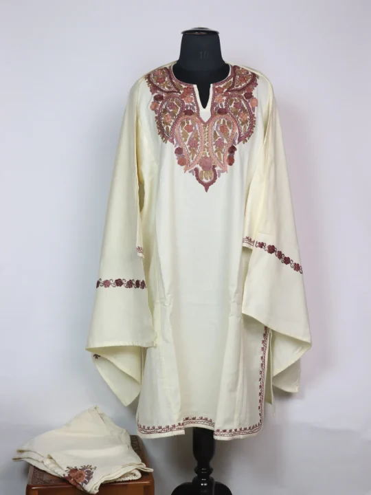 Cream Kashmiri Pheran 3 Pc Set In Cashmilon wool With Aari Embroidery | Zarmin