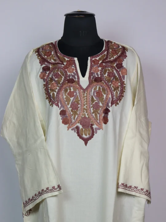 Cream Kashmiri Pheran 3 Pc Set In Cashmilon wool With Aari Embroidery | Zarmin - Image 2