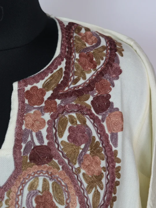 Cream Kashmiri Pheran 3 Pc Set In Cashmilon wool With Aari Embroidery | Zarmin - Image 3