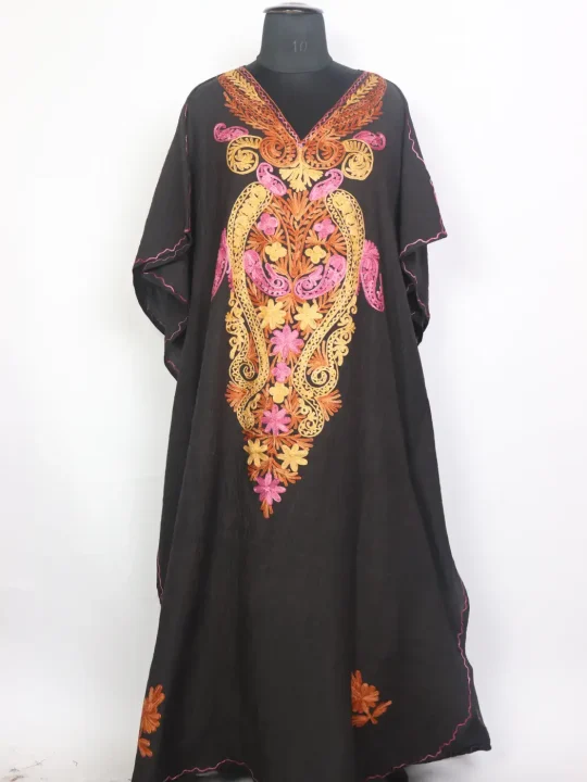 Cyra Kashmiri Long Kaftaan in Crush Cotton with Aari Work Black