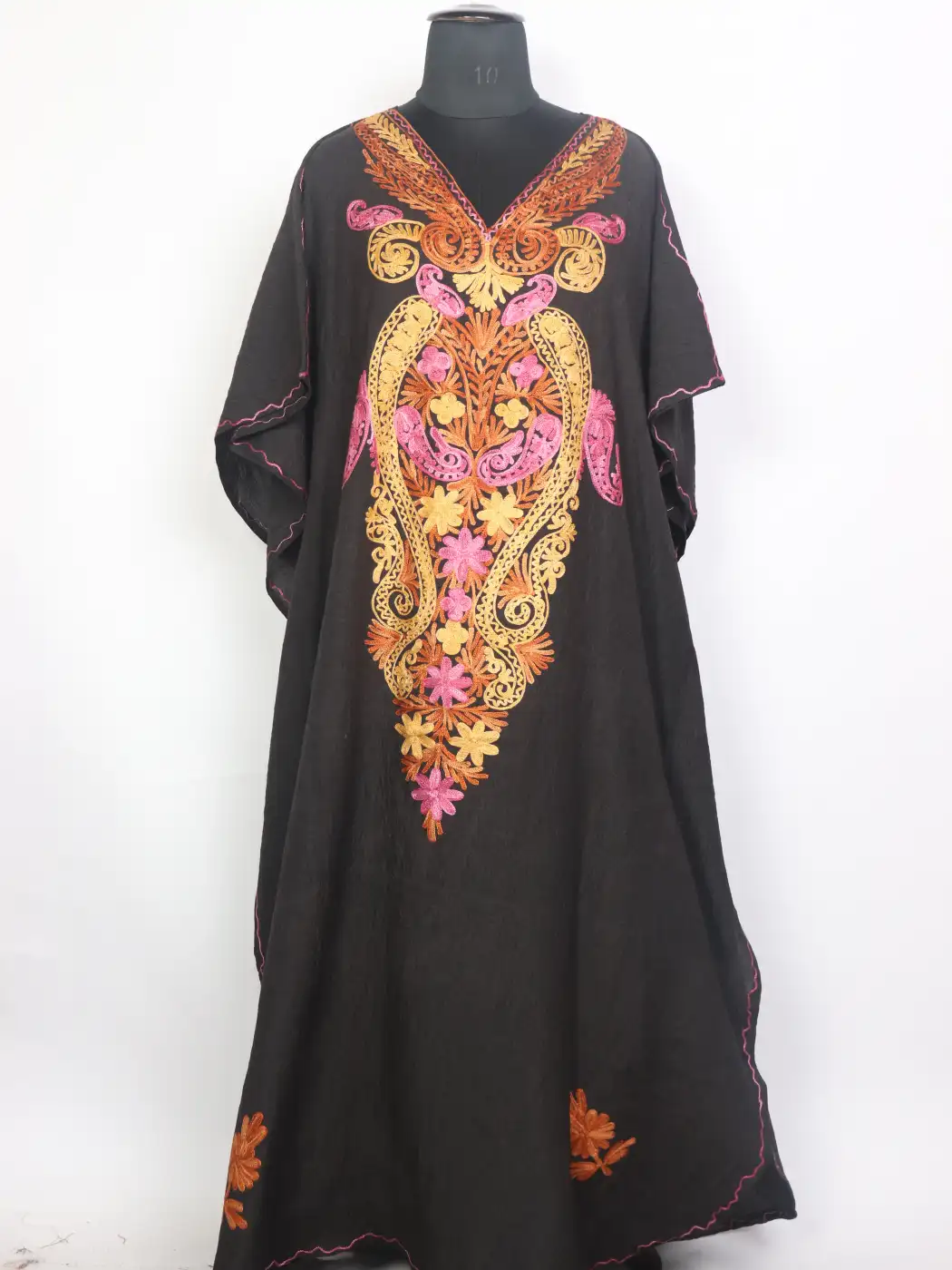 Cyra Kashmiri Long Kaftaan in Crush Cotton with Aari Work Black