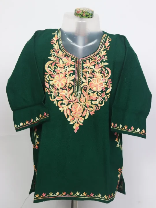 Ajar Kashmiri Girls Pheran With Aari Work In Dark Green Cashmilon Wool(1 to 2Y)
