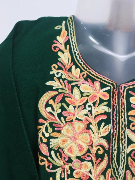 Ajar Kashmiri Girls Pheran With Aari Work In Dark Green Cashmilon Wool(1 to 2Y) - Image 2