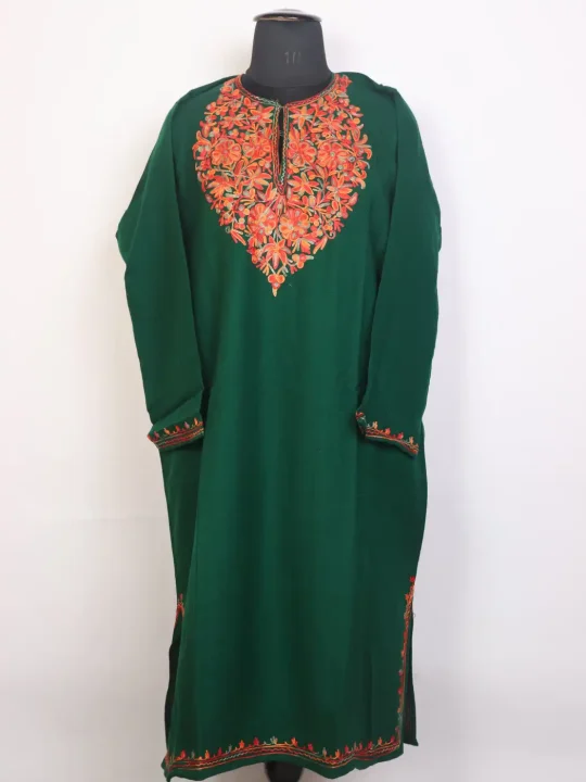 Dark Green Kashmiri Cashmilon Embroidered Pheran with Aari Work