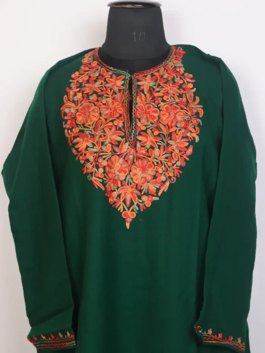 Dark Green Kashmiri Cashmilon Embroidered Pheran with Aari Work - Image 2