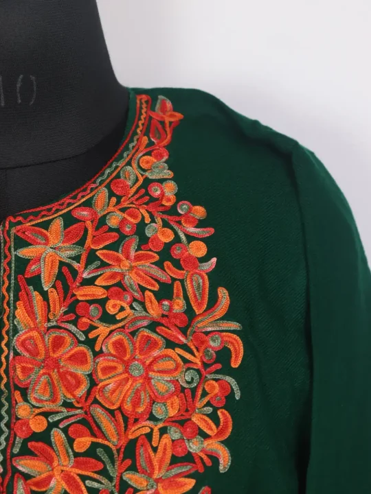 Dark Green Kashmiri Cashmilon Embroidered Pheran with Aari Work - Image 3