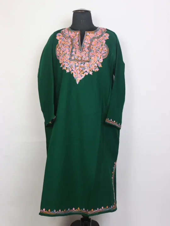 Dark Green Kashmiri Hoorain Pheran with Aari Work in Cashmilon