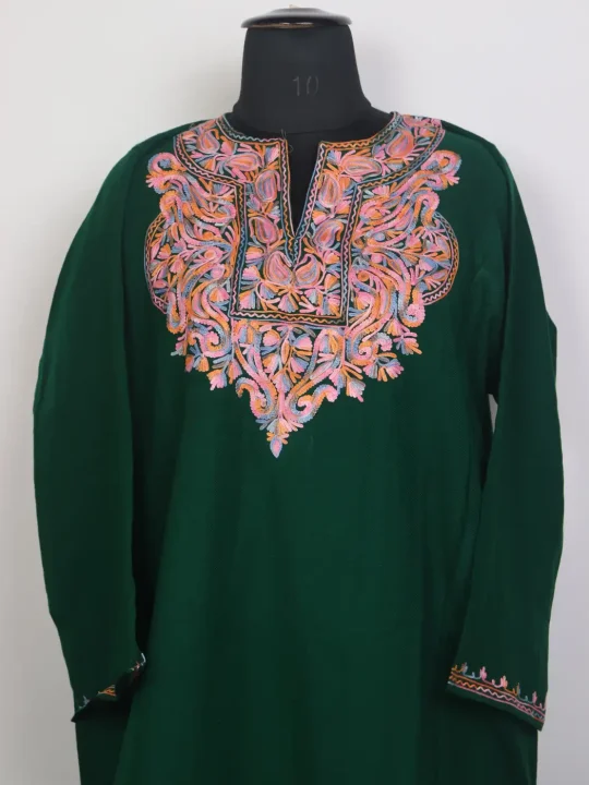 Dark Green Kashmiri Hoorain Pheran with Aari Work in Cashmilon - Image 2