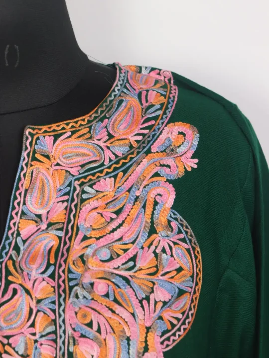 Dark Green Kashmiri Hoorain Pheran with Aari Work in Cashmilon - Image 3