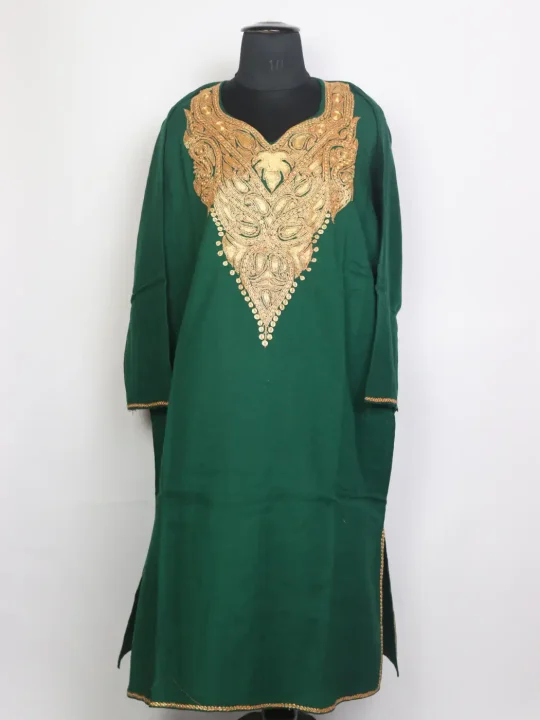 Dua Kashmiri Raffal Wool Botte Tilla Work Pheran Dark Green