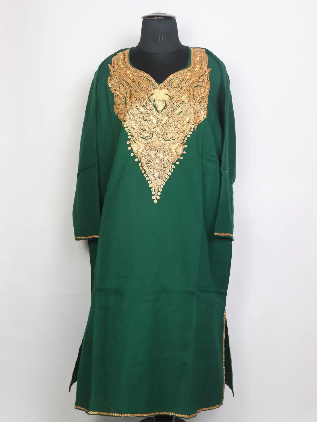 Dua Kashmiri Raffal Wool Botte Tilla Work Pheran Dark Green