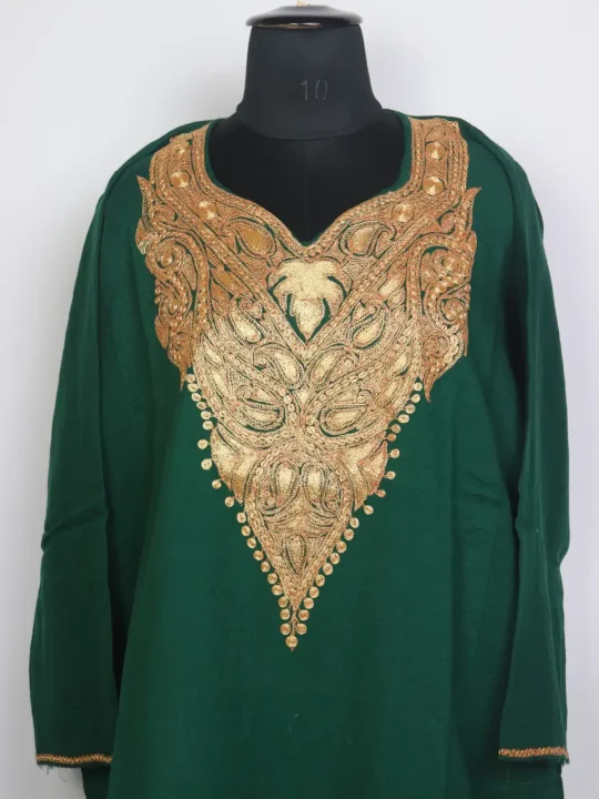 Dua Kashmiri Raffal Wool Botte Tilla Work Pheran Dark Green - Image 2