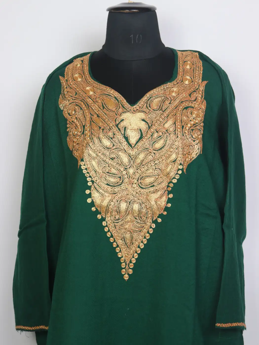 Dua Kashmiri Raffal Wool Botte Tilla Work Pheran Dark Green - Image 2