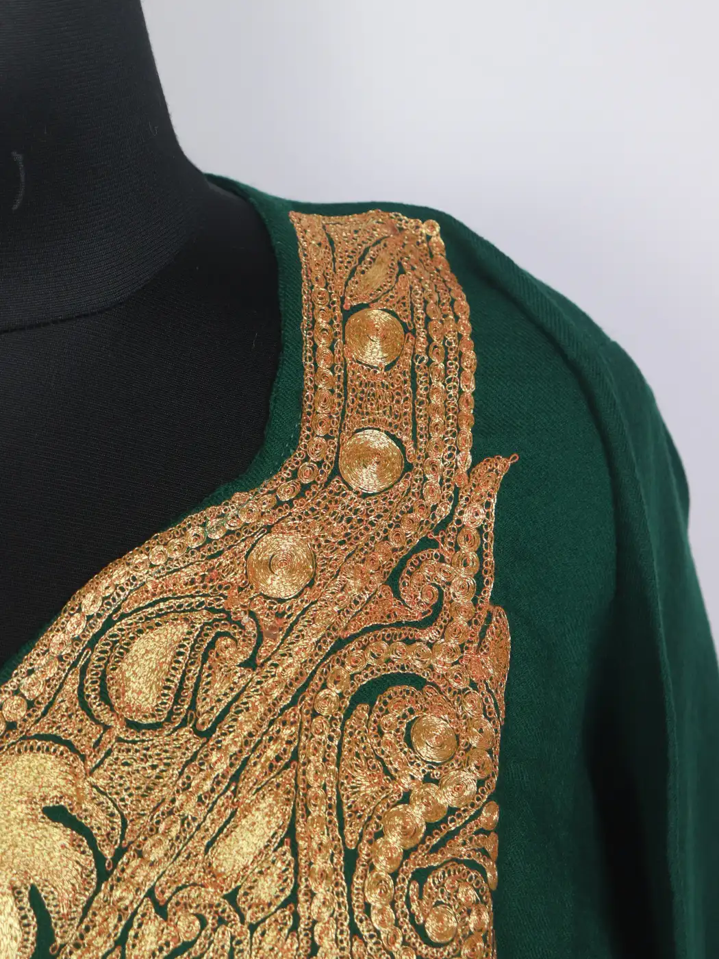 Dua Kashmiri Raffal Wool Botte Tilla Work Pheran Dark Green - Image 3