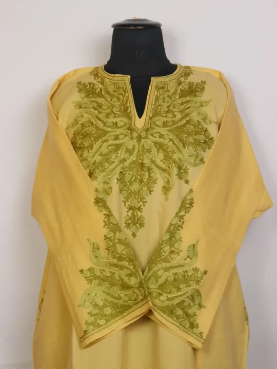 Elara Kashmiri Beige Sleeve Pointed Rezkaar Aari Embroidered Pheran in Raffal Wool - Image 2