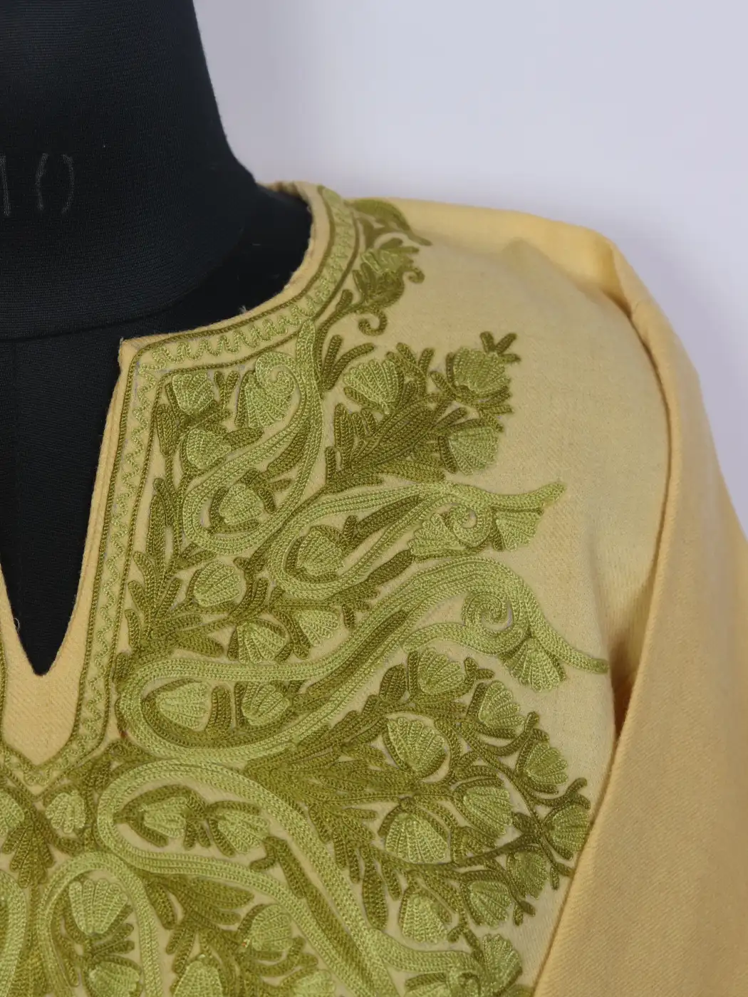 Elara Kashmiri Beige Sleeve Pointed Rezkaar Aari Embroidered Pheran in Raffal Wool - Image 3