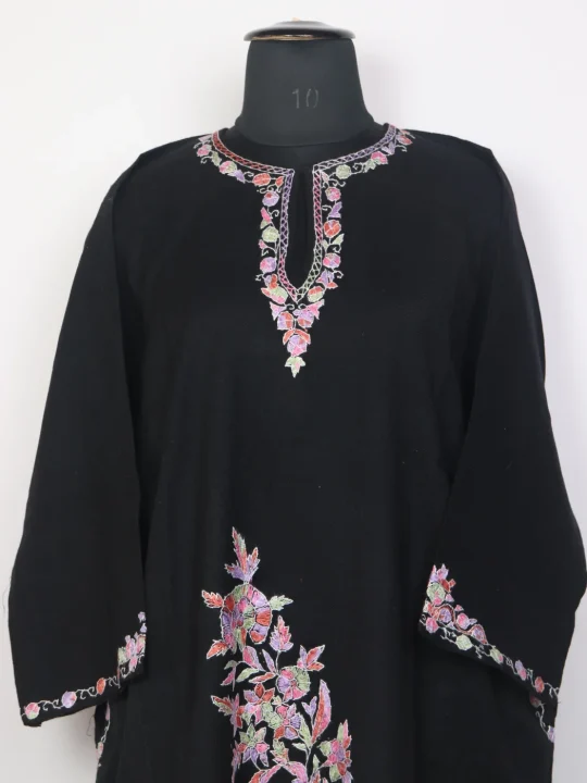 Emaan Kashmiri Pheran In Raffal Wool With Hand Sozni Paper Mache Work | Black - Image 2
