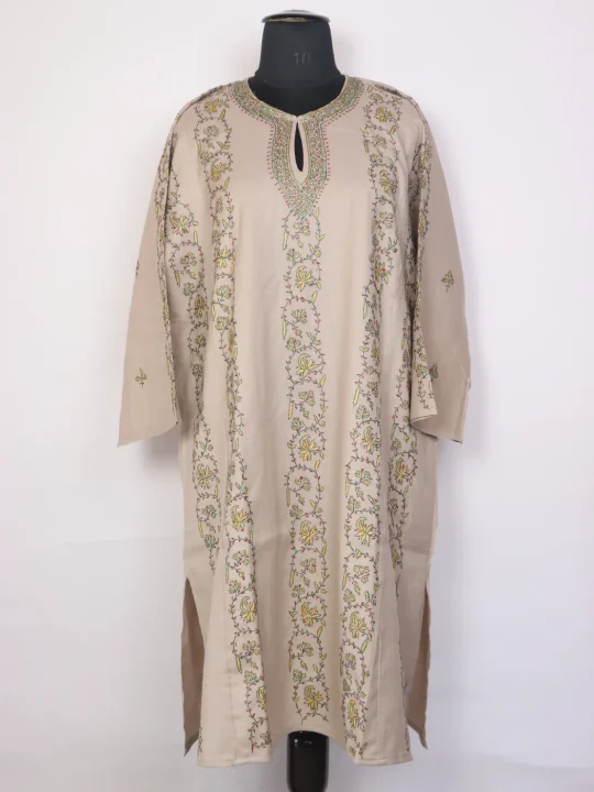 Erum Kashmiri Pheran In Raffal With Wool Hand Sozni Lakeer Jaal Designer | Beige