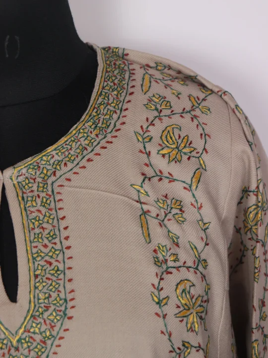Erum Kashmiri Pheran In Raffal With Wool Hand Sozni Lakeer Jaal Designer | Beige - Image 3