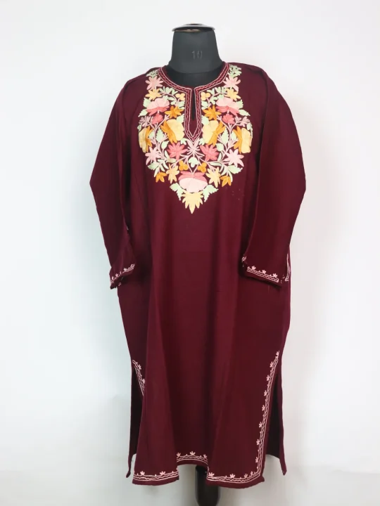 Fadwa Kashmiri Pheran In Cashmilon Wool With Aari Embroidery | Maroon