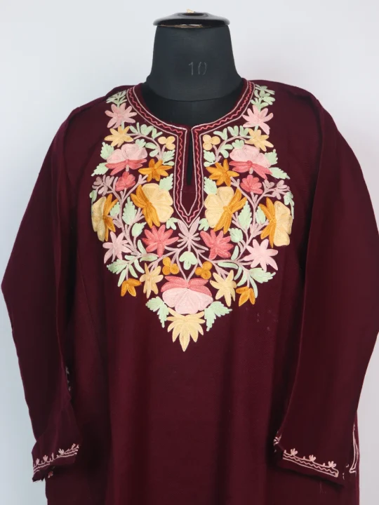 Fadwa Kashmiri Pheran In Cashmilon Wool With Aari Embroidery | Maroon - Image 2