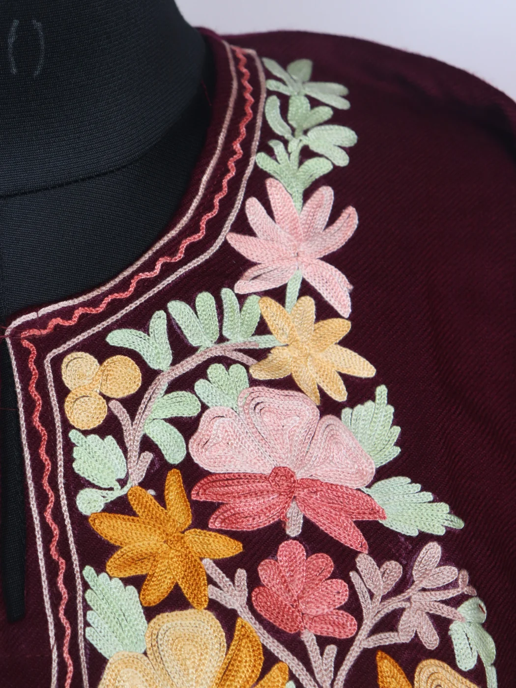 Fadwa Kashmiri Pheran In Cashmilon Wool With Aari Embroidery | Maroon - Image 3